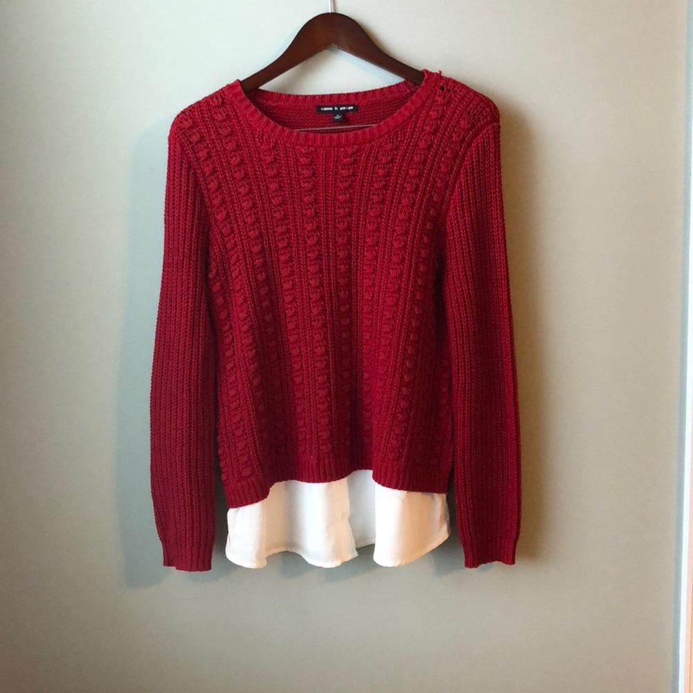 Cable & Gauge Red Sweater w/ Chiffon Blouse Layer